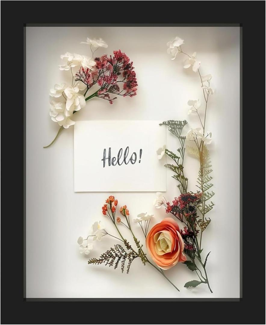 FrameWorks 8 x 10 Black Wooden Shadow Box Frame  Display Case with Soft Felt Back, Memory Box with Tempered Glass, Display Box with Elegant White Ball Push Pins, Wooden Flower Box