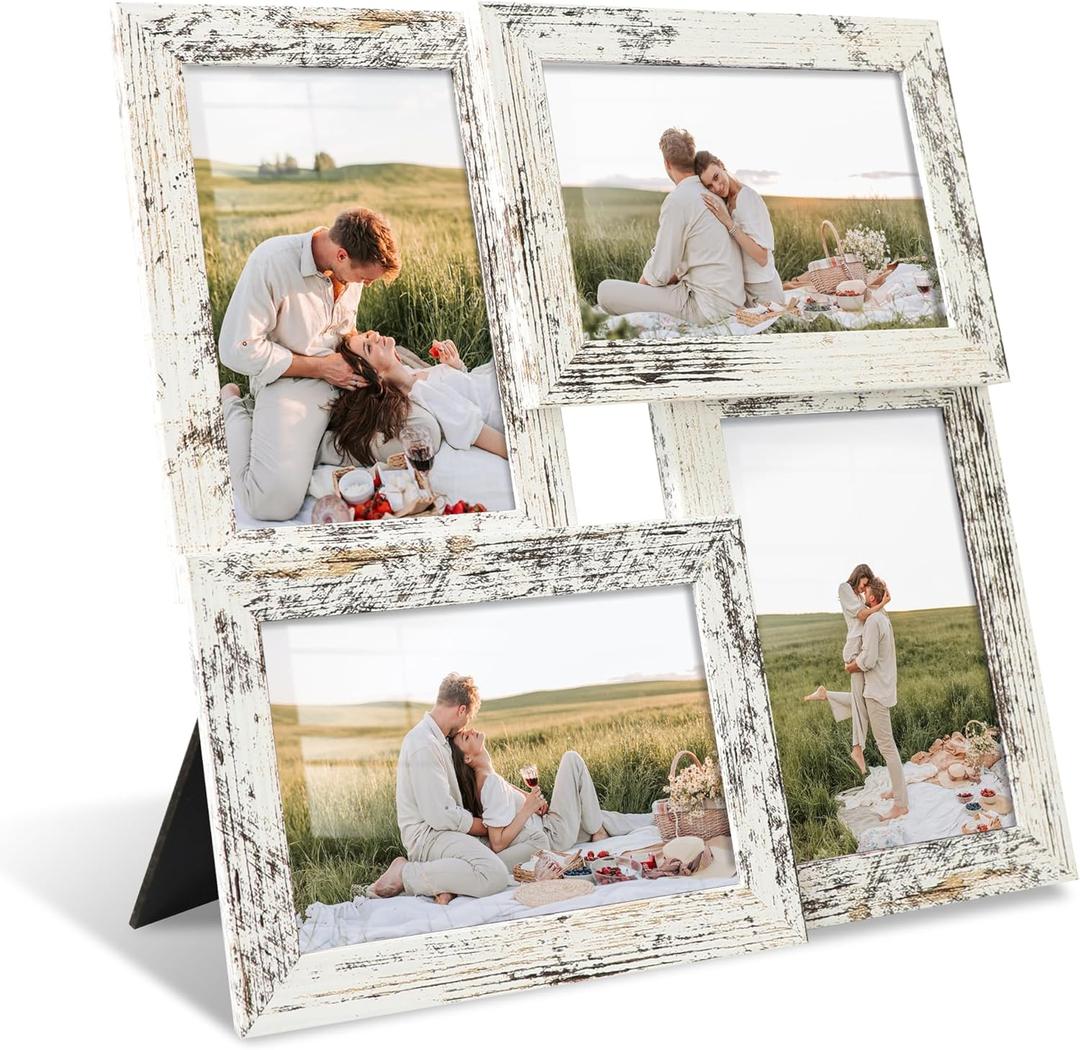 4x6 Collage Picture Frames Set of 1, Multi Family Photo Frame with Real Glass, Displays Four 4x6 Photo, Wall Decor Wall Hanging or Tabletop, Distressed White