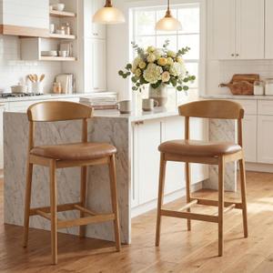 Christopher Knight Home 26.5" Counter Height Bar Stools Set of 2, Mid Century Modern Upholstered Bar Chairs with Curved Backrest & Footrest, Rubber Wood Kitchen Island Stools for Dining Room, Natural, 36.22 inches
