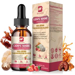 Mushroom Complex Liquid Drop, 8 in 1 Lions Mane Mushroom Supplement with Irish Sea Moss, Chaga, Turkey Tail, Cordyceps & More for Brain, Focus, Cognitive & Immune Support, Vegan,Strawberry Flavor,60mL