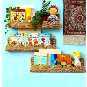 3Set Nursery Book Shelves,Artisanal Natural Rattan Scalloped Bookshelf for Wall,Boho Floating Book Shelves for Kids,Wicker Baby Book Shelf & Wall Basket for Nursery Storage,Montessori Bookcase 15.8"