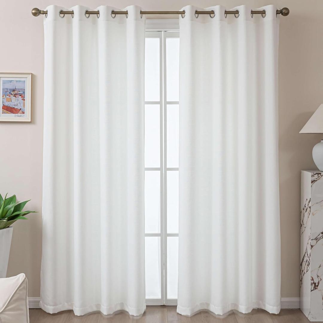 White Linen Textured Curtains, Sheer Curtains 84 Inches Long, Light Filtering Drapes 2 Panels Set, Luxury Grommet Semi Sheer for Living Room/Bedroom/Dining Room