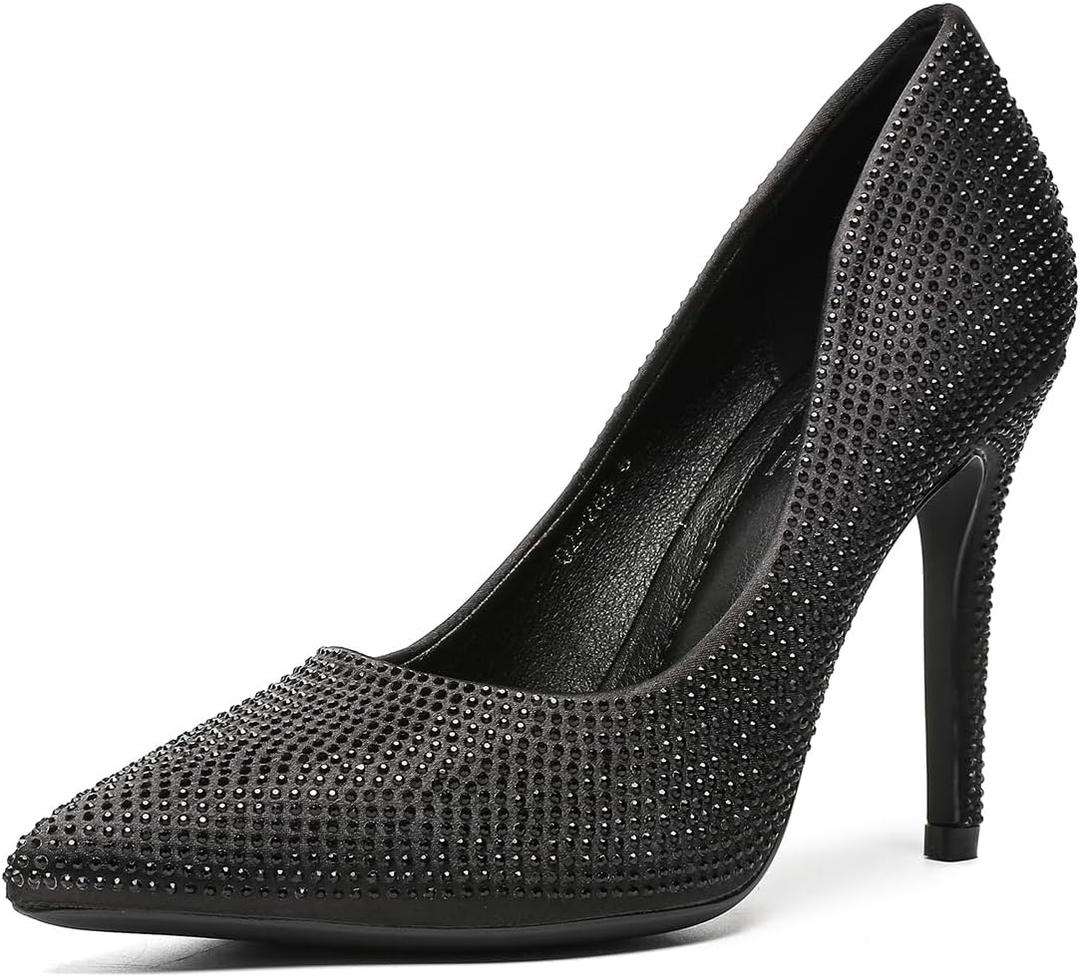 Women's Pumps, Closed Toe Pointed Stiletto High Heel Sparkly Prom Shoes with Glitter Rhinestone, Wedding Heels for Bride Shoes (7, Black)