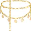 MultiLayer Metal Waist Chain Belt Belly Chain Punk Chain for Women and Girls (S: 41.3 in/105 cm, Gold Flower)