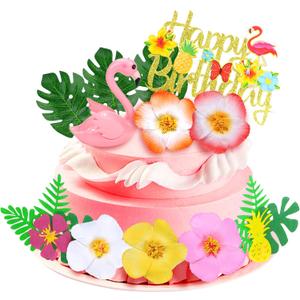 13 Pieces Flamingo Cake Toppers Summer Cake Decoration with Cute Pink Flamingo Figures and Hibiscus Flower Palm Leaves for Tropical Hawaiian and Beach Themed Party Supplies