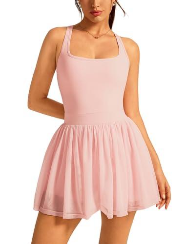 ABOCIW Tennis Dresses for Women Square Neck Mesh Hem Athletic Dress Built in Bra and Shorts Racerack Sports Workout Golf Active Dresses with Pocket Pink X-Small