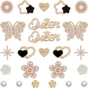 WAQYGZO 24 Pcs Shoe Charms Chain Accessories for Women Butterfly Flower Pearl Clog Shoe Decoration Charms Rhinestone DIY Shoes Charm Bling Cute Decor for Party Birthday