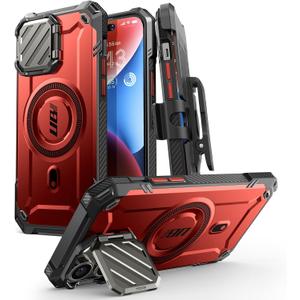 SUPCASE for iPhone 14 Pro Max Case/iPhone 13 Pro Max Case with Camera Cover Stand, [Compatible with MagSafe] [Built-in Belt-Clip] Heavy Duty Magnetic Phone Case for iPhone 14/13 Pro Max, Ruddy