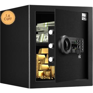 Tenamic Safe Box 1.6 Cuft Fireproof Waterproof Home Safe, Keypad Medium Lock Box Cabinet Safes, Solid Alloy Steel Office Hotel Home Safe, Black