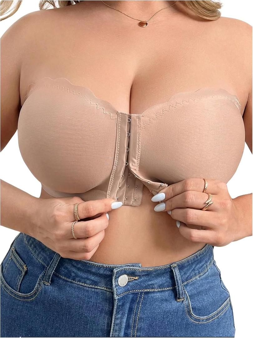 MakeMeChic Women's Plus Size Strapless Bras Front Closure Half Push Up Bra Bandeau Wireless Bralette for Large Bust 4XL