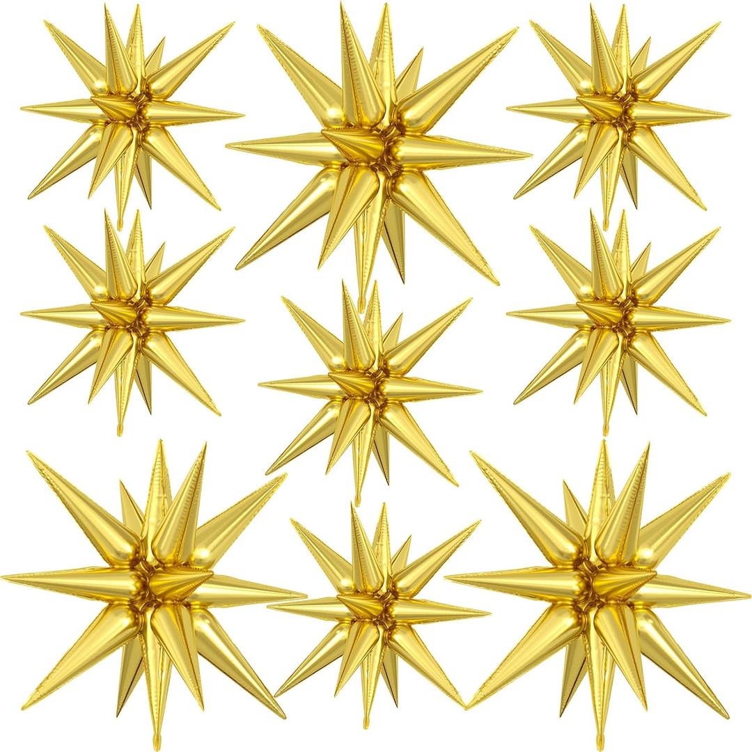 9Pcs Gold Star Balloons, Large Explosion Star Foil Balloons, Metallic Gold Mylar Spike Balloon for Birthday Wedding Anniversary New Year Christmas Graduation Party, 3 Pcs 27Inch & 6 Pcs 22Inch