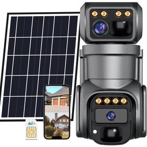 4G LTE Cellular Trail Camera,No WiFi Security Camera, 2K Solar Cellular Cam HD Dual Lens 360 Pan Tilt, Color Night Vision, PIR Motion Detection, IP66 Waterproof Installed SIM