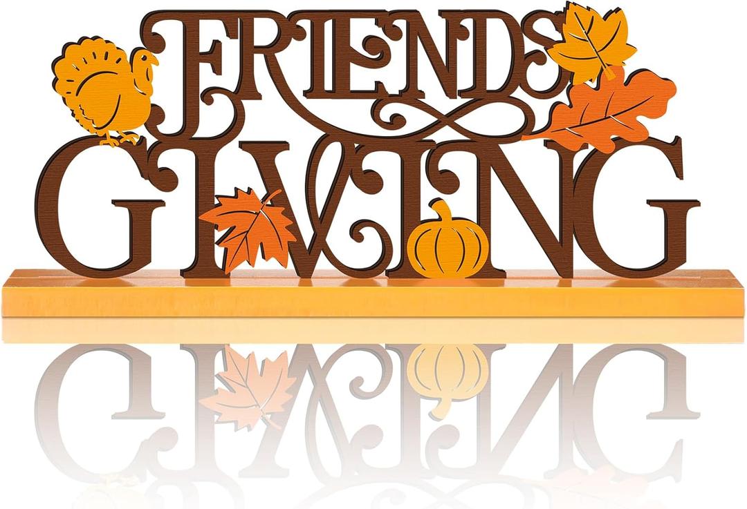 Friends Giving Party Friendsgiving Table Decor Fall Wooden Friendship Gift Fall Thanksgiving Party Centerpiece Metal Word Sign with Wooden Base for Autumn Tabletop Desk Decoration