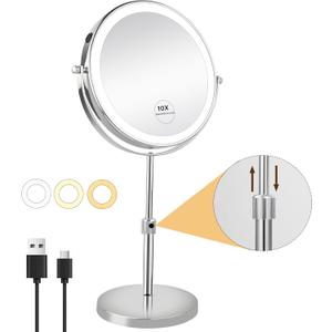 JANEEVA 10X Lighted Makeup Mirror with 3 Lighting Modes, 8" Dimmable Lights Height Adjustable Vanity Mirror with Lights, Rechargeable Double Sided 1X 10X Magnifying Mirror, 360°Rotation,Chrome