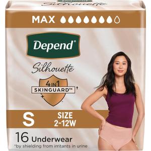 Depend Silhouette Adult Diapers, Incontinence & Postpartum Bladder Leak Underwear for Women, Maximum Absorbency, Small, Pink, 16 Count