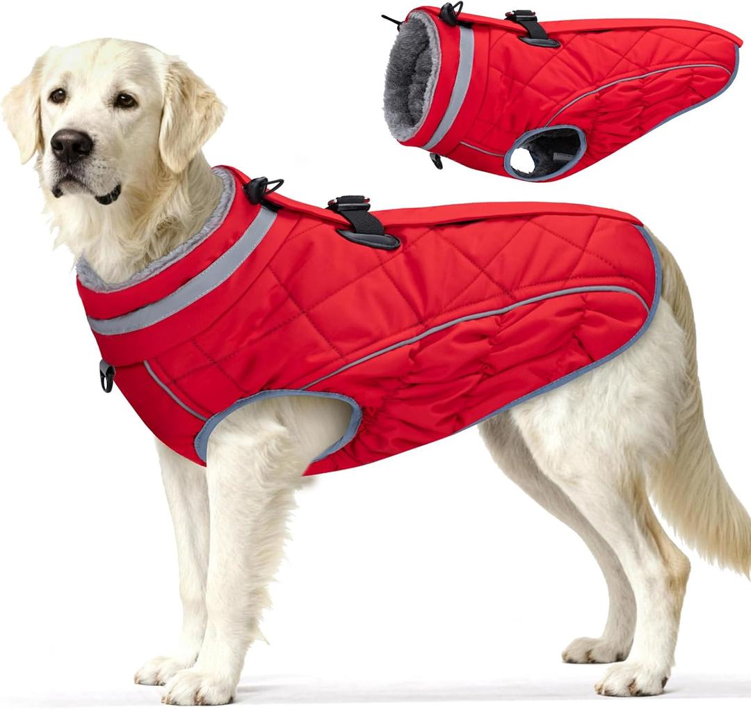 Dog Coat, Warm Dog Winter Coat for Large Dogs, Waterproof Jacket with Harness Built in, Reflective Turtleneck Cold Weather Coats with Zipper,Pet Fleece Vest Snow Jacket, Red L
