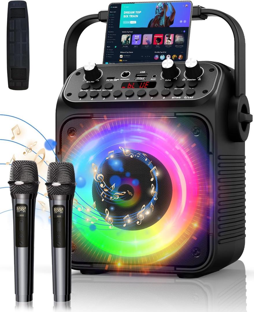 Karaoke Machine for Adults, Portable Karaoke System with 2 Wireless Microphones, 40W Speaker with DSP, Echo & Reverb, 7-Colorful Light Modes, Home Party & Outdoor Singing