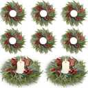 8 Pcs Christmas Candle Rings Wreath Decorations Artificial Red Color Berry Garland Wreaths Pine Garland Norfolk Pine Holder Pillars for Kitchen Cabinet Xmas Home Table Decor (Cute)