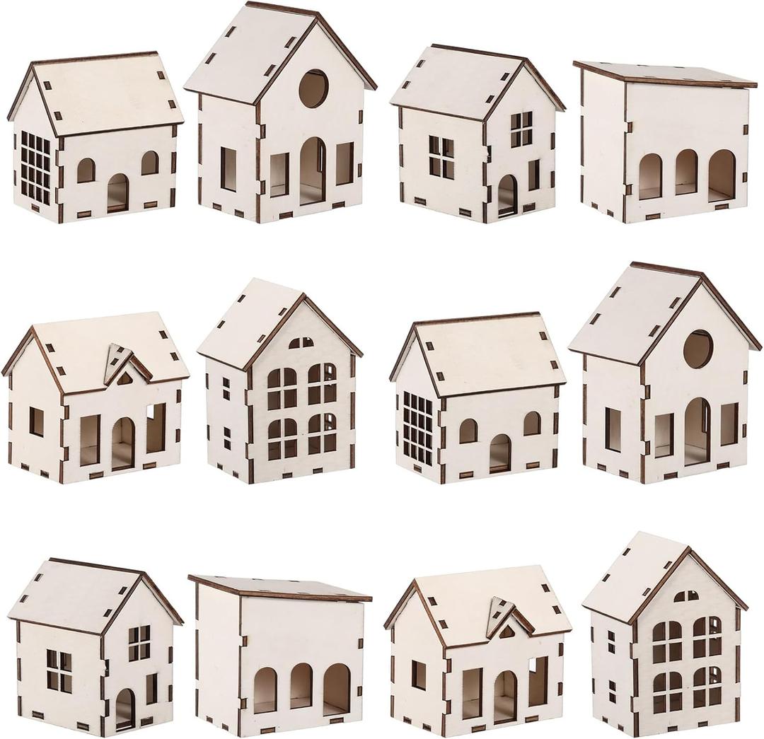 Hiboom 12 Pcs DIY Christmas Village Sets Wood Village Houses Christmas Mini Wooden House Gift for Winter Xmas Party Decorations