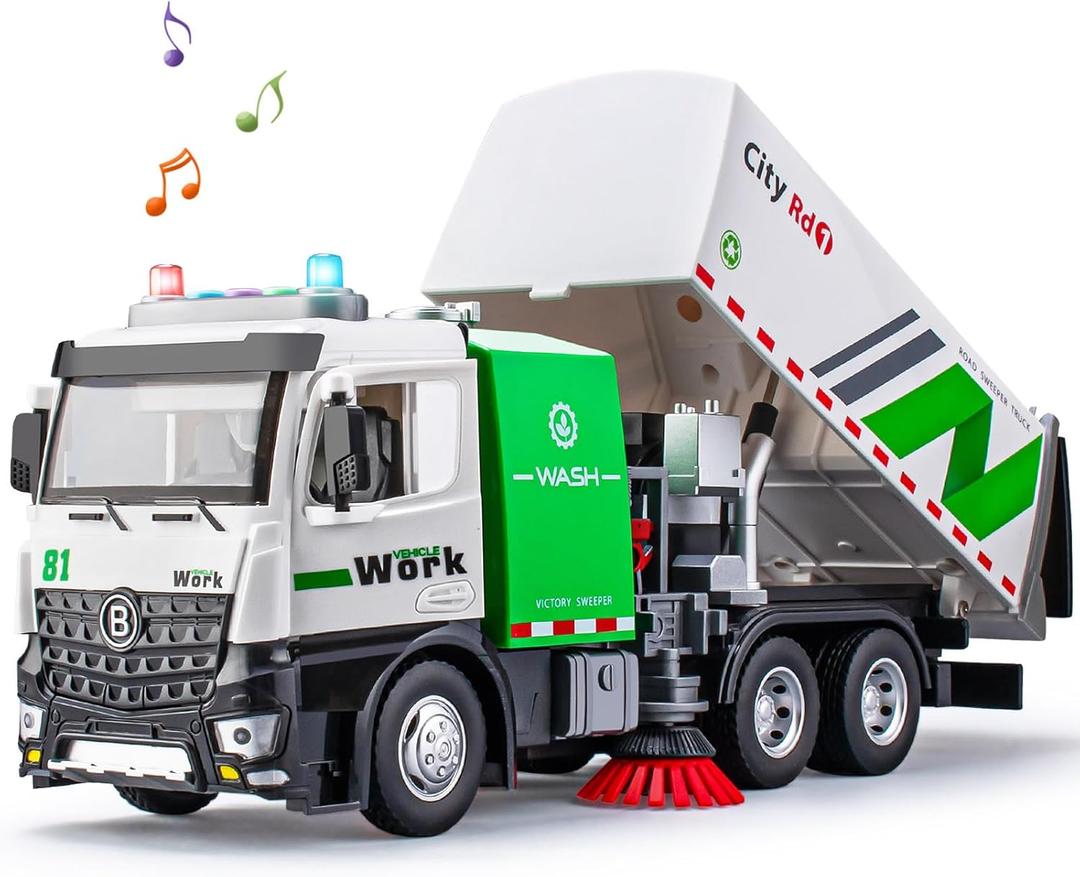 TAKGUD Street Sweeper Truck with Open-able Doors, 11.5" Big Trash Truck with Lights and Sounds, Friction Powered Garbage Toys Gift for Boys Girls Kids