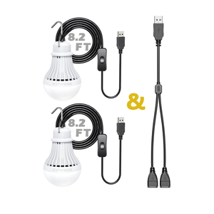 2 Pack USB Light Bulb, USB LED Camping Light Lantern, 8.2 ft Extra Length Cord Tent Light with USB Y-Cable, Portable LED Bulb for Garage Warehouse Car Truck Fishing Boat Room Emergency Light, White