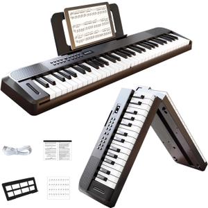 61 Key Foldable Keyboard Piano, Full Size Keys Portable Digital Keyboard with Built-in Stereo Speakers, Support USB-MIDI, Music Stand for Home & Travel Use, 88 Keys