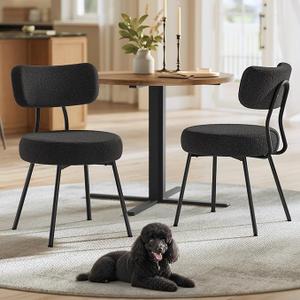 VASAGLE Boucle Dining Chairs Set of 2, Upholstered Kitchen Dining Room Chairs with Curved Backrest and Steel Frame, Modern Mid Century, Round, for Vanity, Living Room, Ink Black UKDC110B14