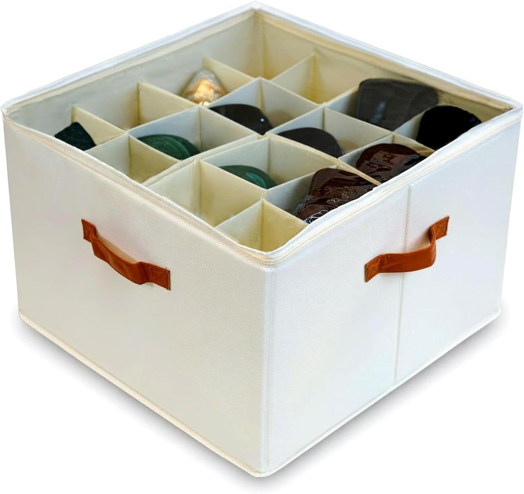 Shoe Organizer for Closet with Adjustable Dividers & Clear Cover - Fits up to 16 Pairs, Foldable Storage Box (Beige)