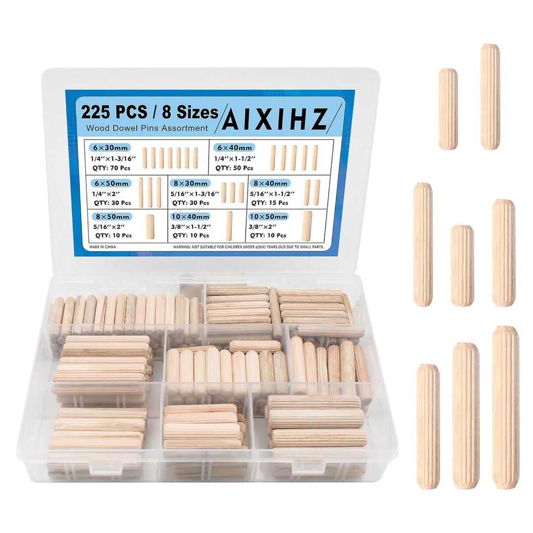 Fluted Wood Dowels Kit 1/4 3/8 5/16 Inch, 225 Pcs Hardwood Wooden Dowel Pins for Woodworking, Furniture Repair, Cabinet Making, DIY Crafts, 8 Sizes