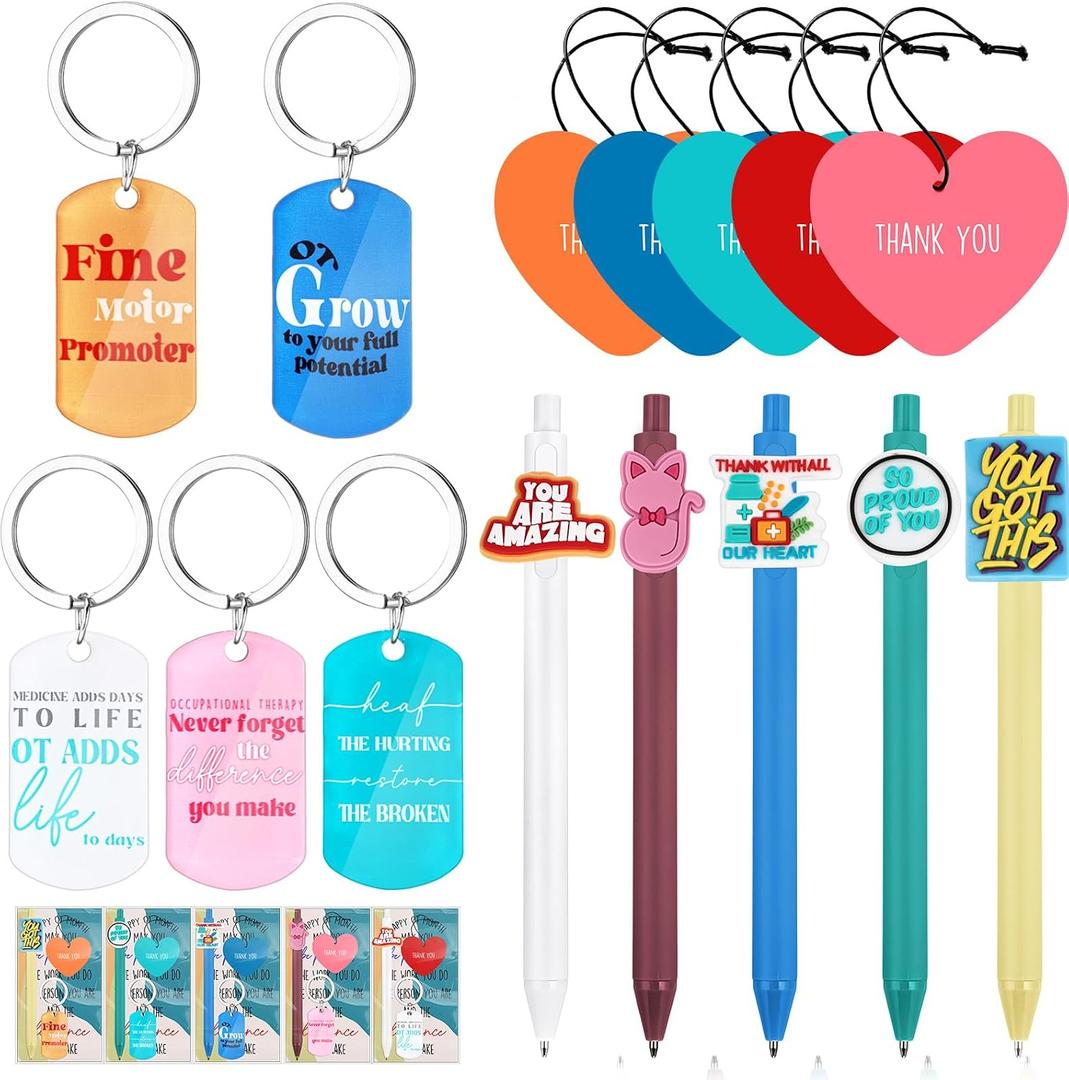 AmazingSpark 20 Pcs 2026 Occupational Therapy Gifts Pens Bulk Occupational Therapist Appreciation Gift Keychains Thank You Bookmark Cards Heart Air Fresheners Ballpoint Pens for Ot Month Women Men