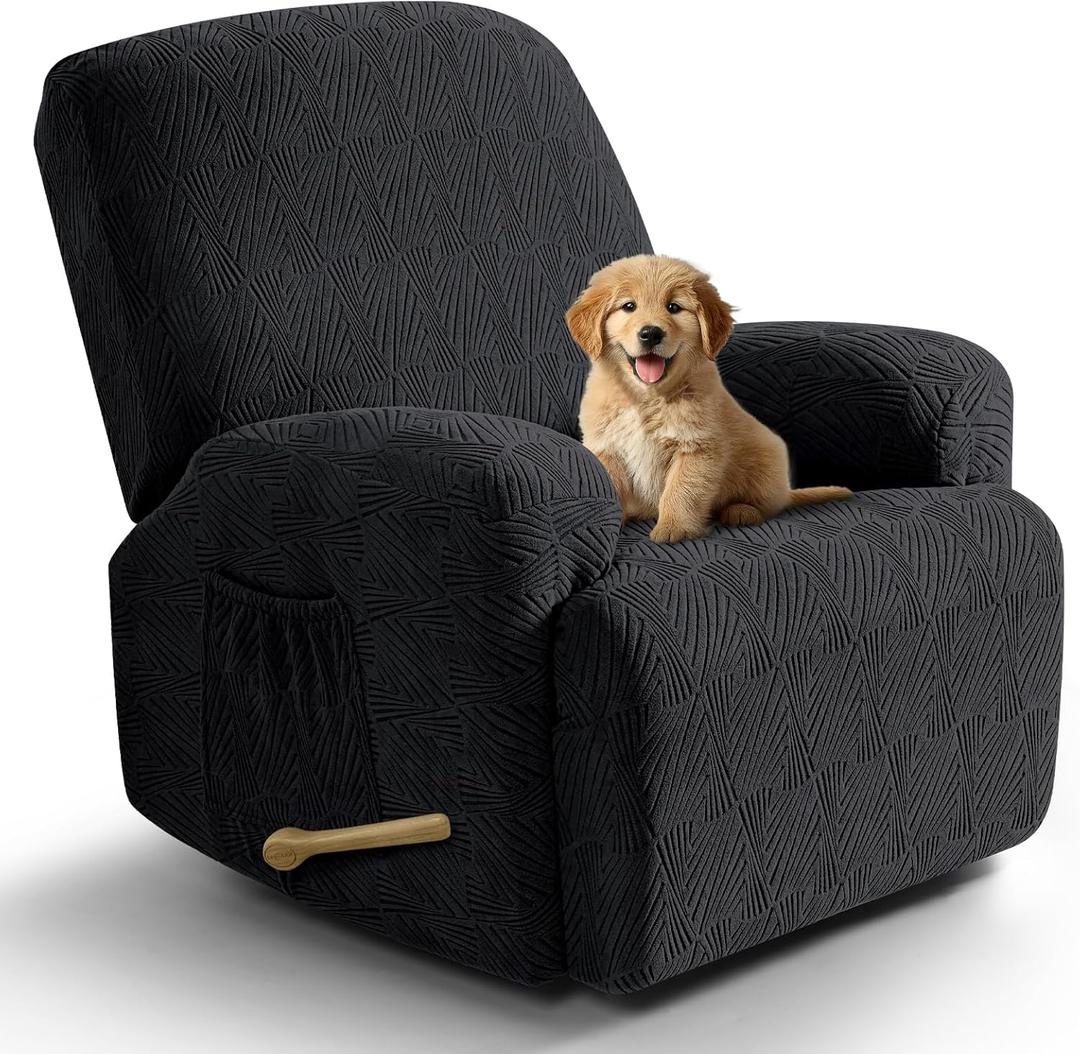 VANSOFY Recliner Chair Covers, 4-Pieces Stretch Recliner Cover Jacquard Soft Reclining Chair Slipcover Furniture Protector with Elastic Bottom for Lazy Boy Recliner(Black) (1 Seat-Standard)