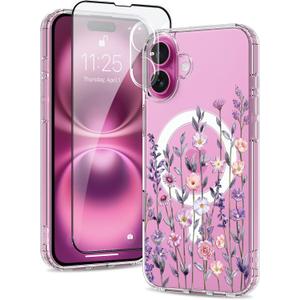 Magnetic for iPhone 16 Case [Compatible with MagSafe][with Screen + Camera Protector] Clear Floral Flower Pattern Design, Slim Shockproof Phone Cover for Women Girls
