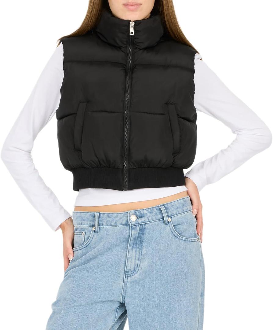 Forever 21 Women's Puffer Vest – Cropped Quilted Zip-Up Outerwear with High Neck Collar, L