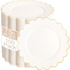 LIYH 100 Pcs Ivory Plastic Plates with Gold Rim- Dessert Plates 7.5" Disposable Scalloped Fancy Gold Plastic Plate, Baby Shower Cake Plate Party Tableware Dishes