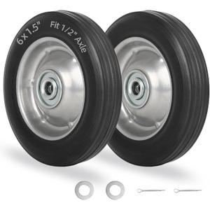 GICOOL 6" Flat Free Solid Rubber Tire and Wheel, with Ball Bearings and 1/2" Axle Bore Hole, 1.3" Centered Hub, 2 Pack