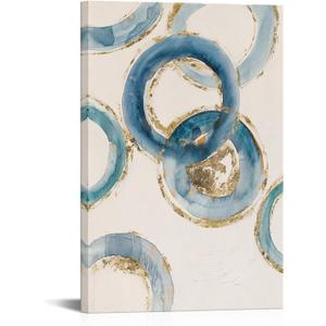iKNOW FOTO Modern Minimalist Abstract Canvas Wall Art Vertical Watercolor Painting Blue Teal and Gold Framed Artwork for Living Room, Bedroom, Office 24x36 Inches