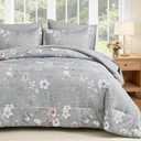 DJY King Comforter Set, Grey Botanical Floral Comforter Sets King Size for All Seasons, 7 Pieces Bed in a Bag Lightweight Microfiber Bedding Comforter Set with Sheets Pillowcases & Shams