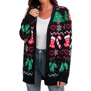 Ugly Christmas Sweater for Women Christmas Cardigans Funny Xmas Open Front Button Down Knit Coat Outwear (Large)