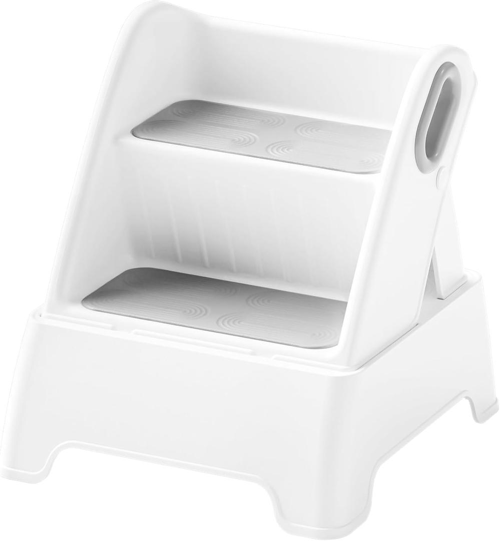 Toddler Step Stool, Adjustable 2 Step Stools for Kids, Removable Sitting Stool for Kitchen Counter Bathroom Sink Toilet Potty Training with Handles and Non-Slip Pads(Grey) (Gray)