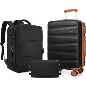 UKEIN Luggage Set with Backpack,Polycarbonate Carry On Luggage Airline Approved with Spinner Wheels, Hardshell Travel Suitcase with TSA Lock,Suitcase Set 3 Piece (Black)