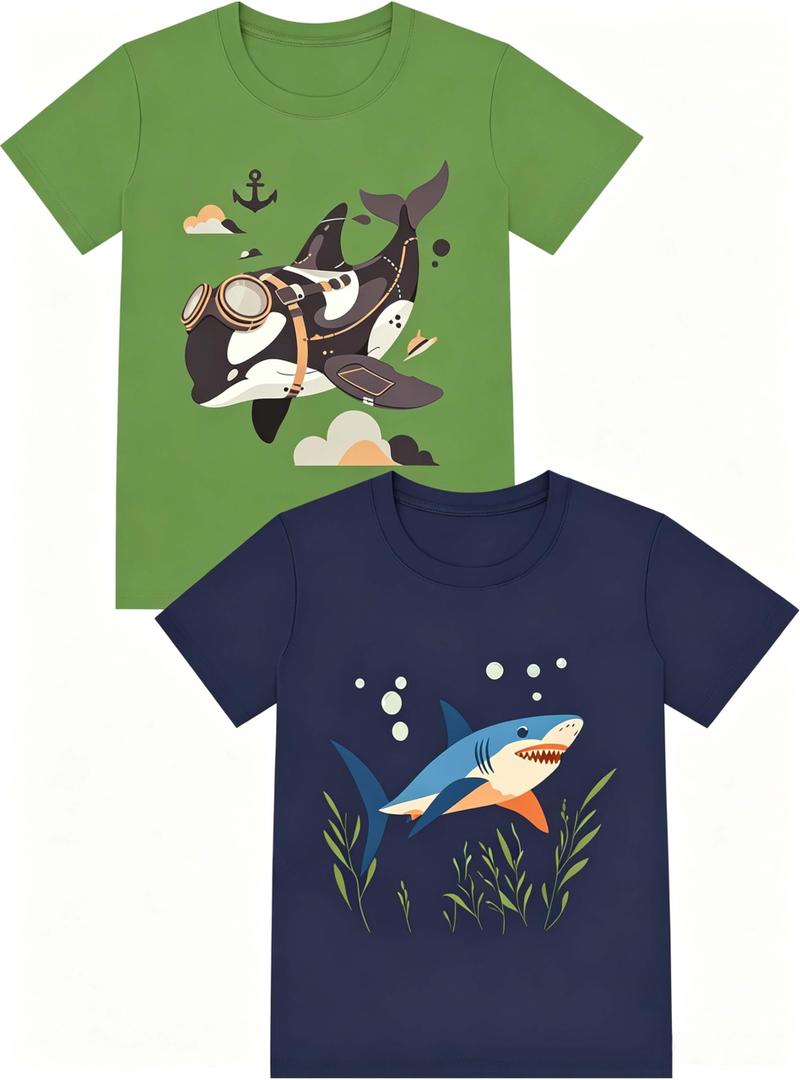 Boys T-Shirts Kid Tshirt Fit Graphic Tees Whale Shark Green Navy Size 2T