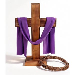 Blayvorn Easter Standing Wooden Cross with Base, Crown of Thorns and Purple Cloth, 16.5" Altar Table Cross Decor for Lent Holy Week Church Display, Christian Religious Decoration