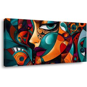 Colorful Abstract Face Canvas Wall Art Modern Cubist Portrait Painting Print Gallery Wrapped Geometric Woman Artwork for Living Room Bathroom Bedroom Decor, 40x20 INCH