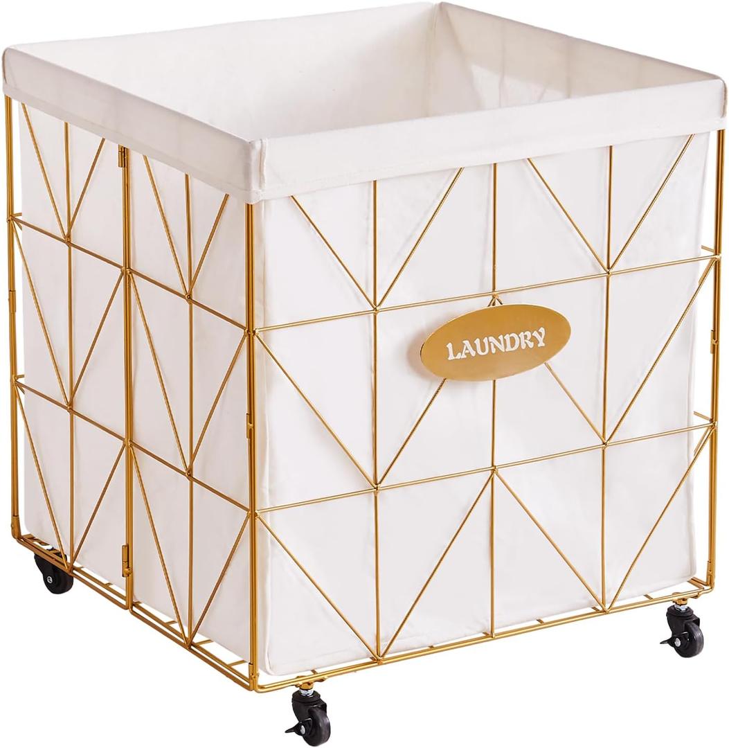 Laundry Hamper,Collapsible Laundry Basket Large Capacity Metal Laundry Hamper with Removable Liner, Rolling Wheels and Collapsible Design for Clothes Storage and Organization (210L GOLD)