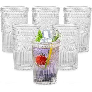 Vintage Glassware Drinking Glasses Set of 6,13 oz Clear Textured Flower Design Glass Water TumblersEmbossed Striped Drinkware for Water,Cocktails,Juice,Iced Coffee