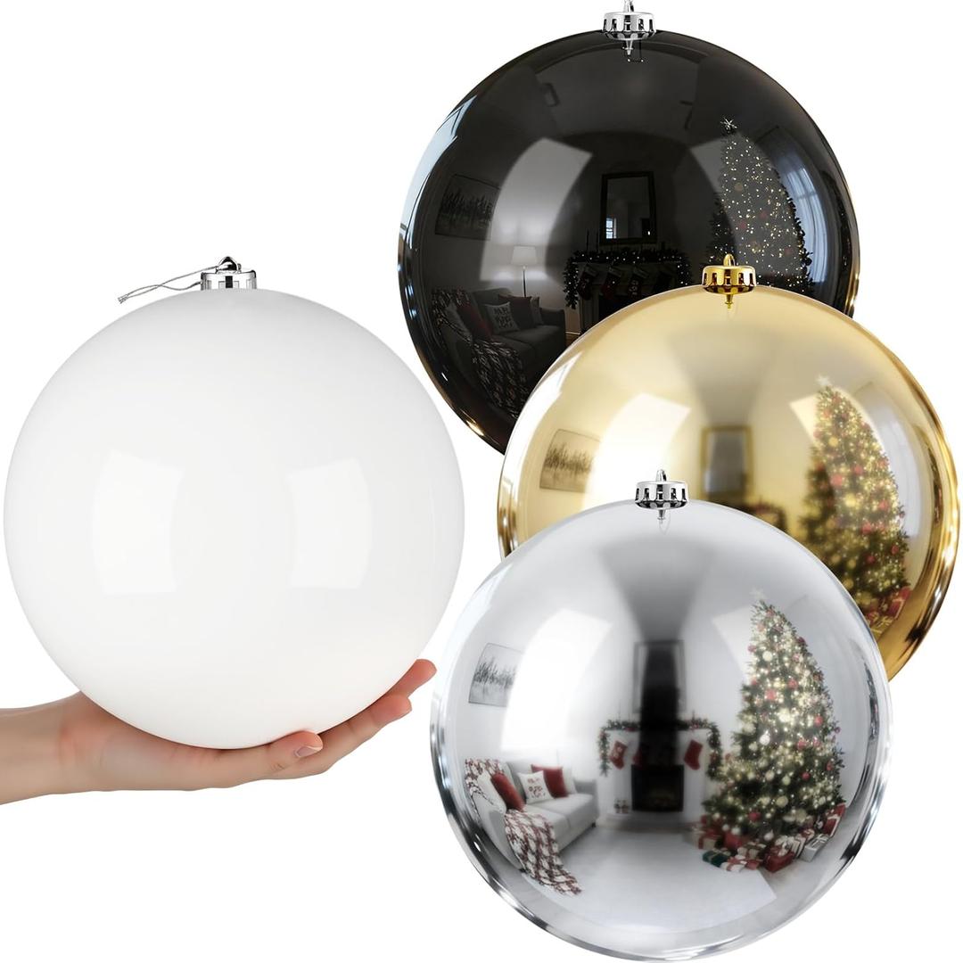 Zubebe 4 Pcs Extra Large Christmas Ball Ornaments 8'' (200 Mm) Giant Oversized Commercial Grade Plastic Balls Xmas Hanging for Outdoor Indoor Holiday Decor(Black, White, Gold, Silver)