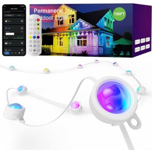 ISOPHO Permanent Outdoor Lights, RGB Smart String Lights with 75 Scene Modes, 150ft Eaves LED Light, Waterproof IP67, Great for All Holidays, Parties, Halloween, Christmas, App and Remote Control