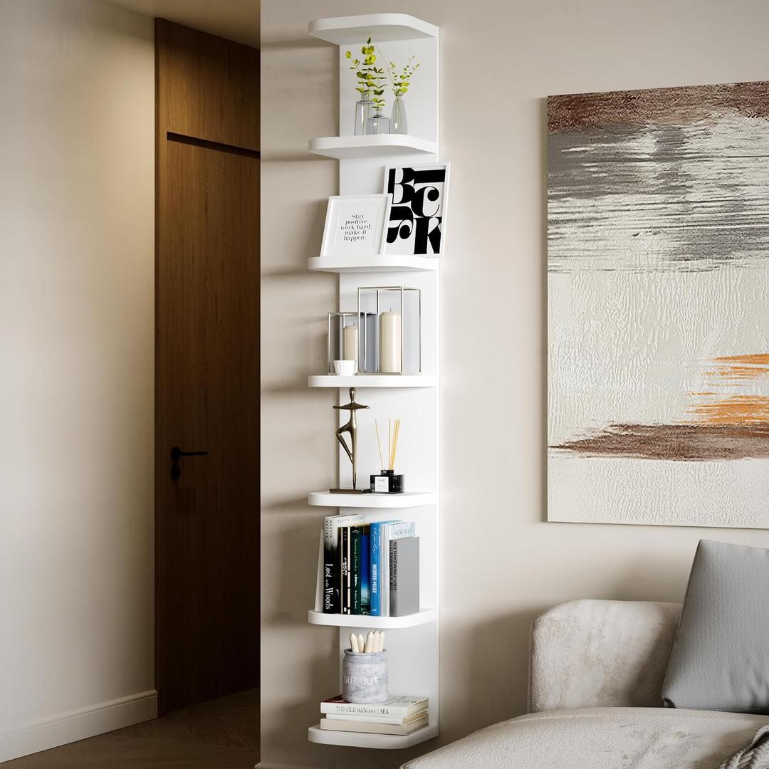7 Tier Wall Shelf Unit White Floating Shelves for Wall, Decorative Lack Shelf for Storage Curved Edges, Tall Vertical Display Shelf for Bedroom, Vanity, Living Room, Book Shelves