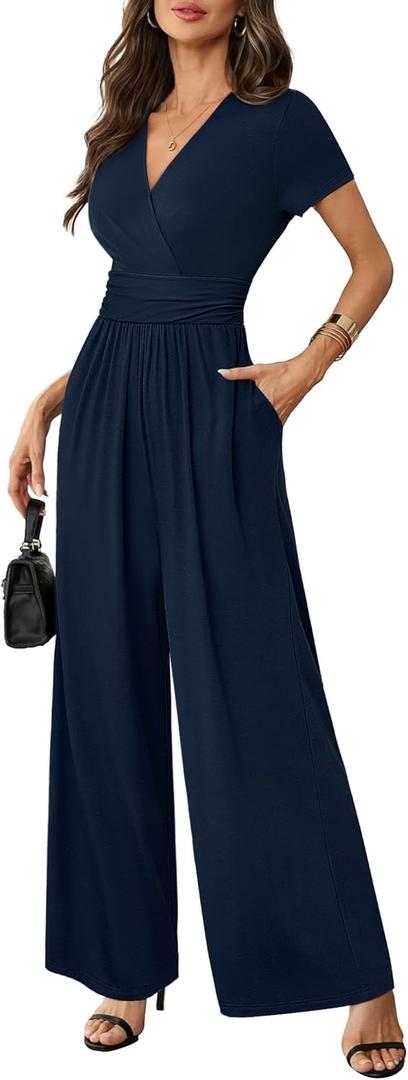 LOOKBOHO Women Dressy Casual Jumpsuits Elegant High Waist Side Ruched Romper Summer Short Sleeves Wide Leg Pants, Medium