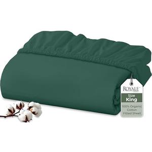 Royale Linens 100% Organic Cotton Fitted Sheet - Percale Weave - Super Soft Deep Pocket Bottom Sheets - Elastic Sheet King Size - King Fitted Sheets Only - (78"x80"+15", Hunter Green)